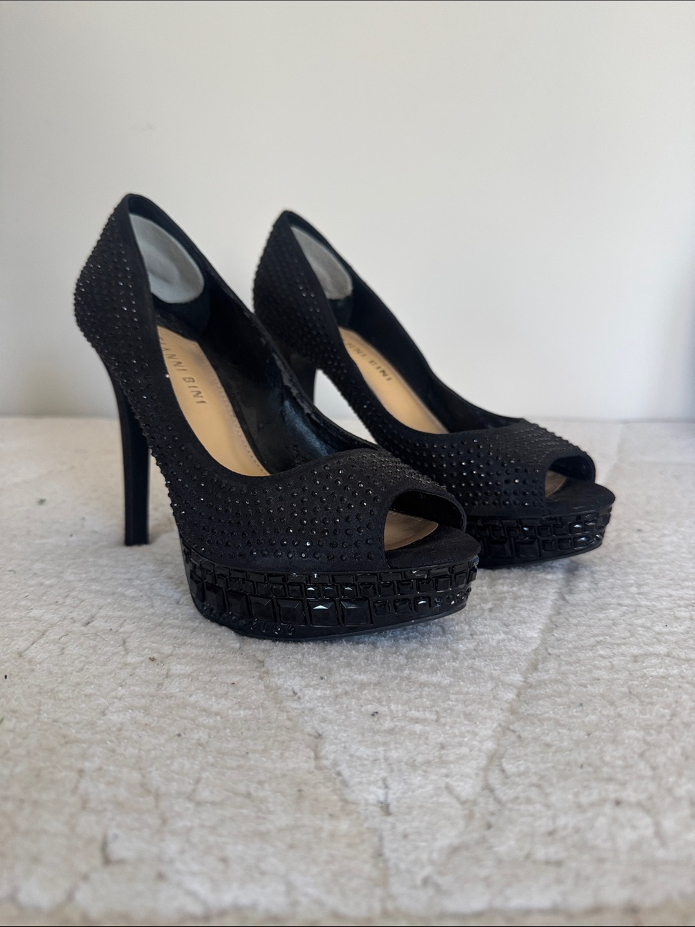 Gianni Bini Black Crystal-Embellished Peep-Toe Platform Heels